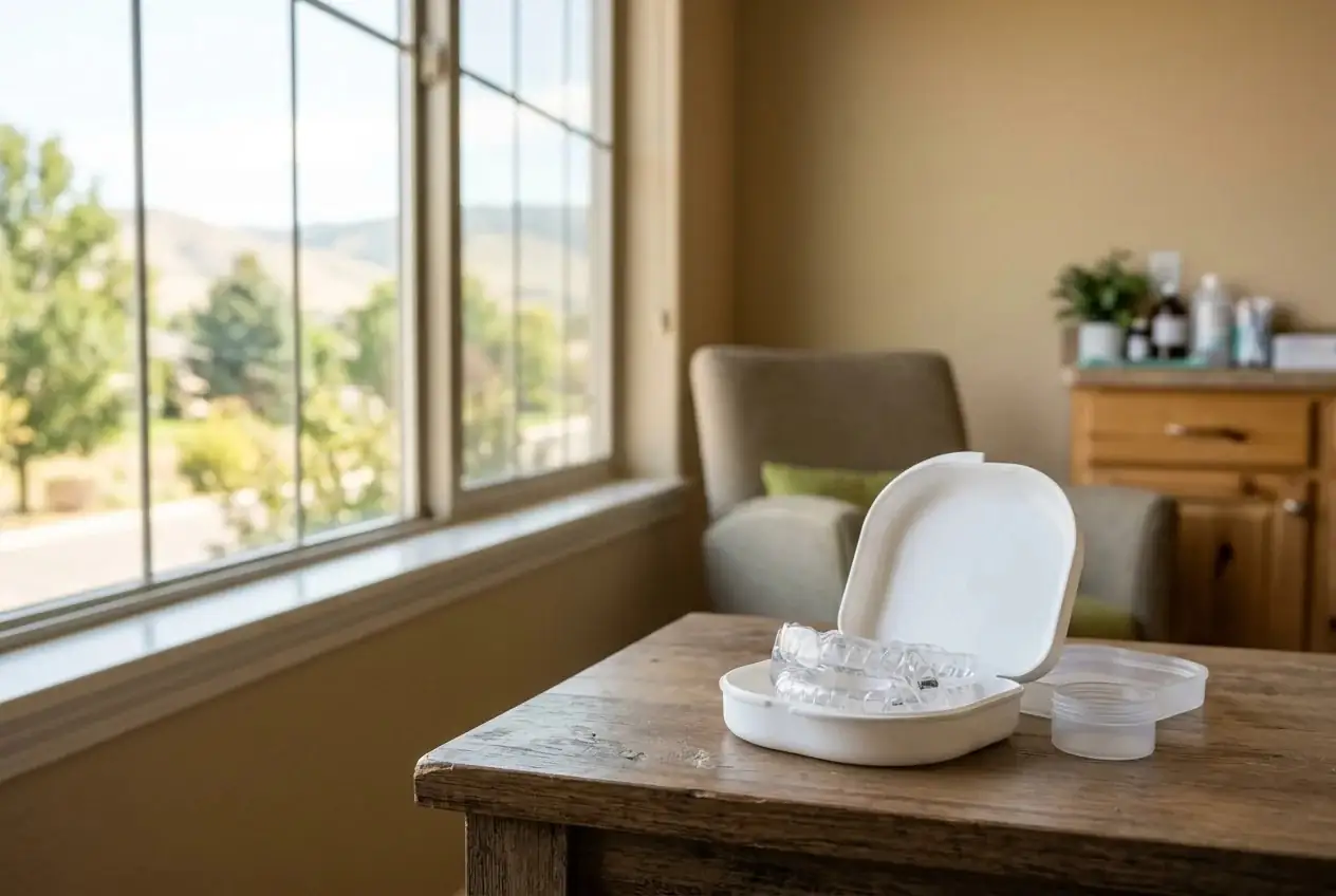 Clear dental sleep appliance inside an open white case on a wooden table beside a window.