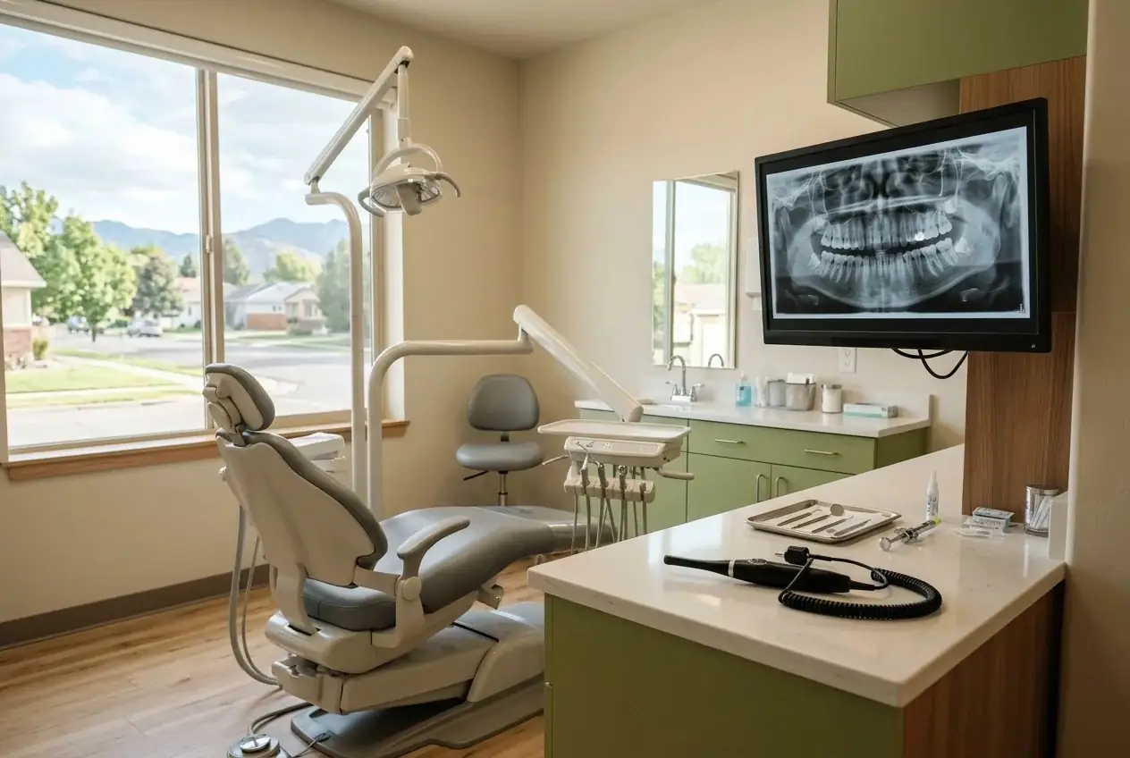Dental treatment room with a patient chair, equipment, and a monitor displaying a panoramic dental X-ray.